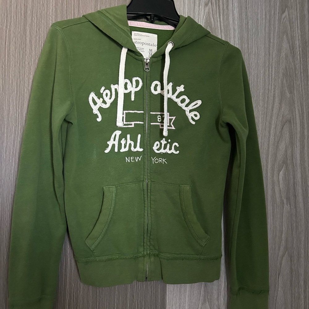 Aeropostale Olive Green Zip-Up Hoodie with White Drawstrings